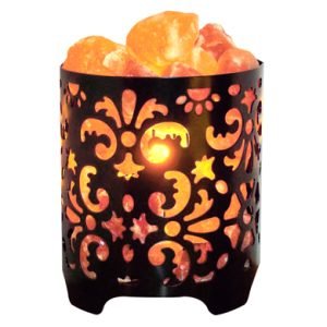Himalayan Salt Lamp in decorative metal basket with natural orange salt crystals glowing