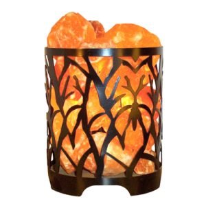 Himalayan Salt Lamp in decorative metal basket with natural orange salt crystals glowing